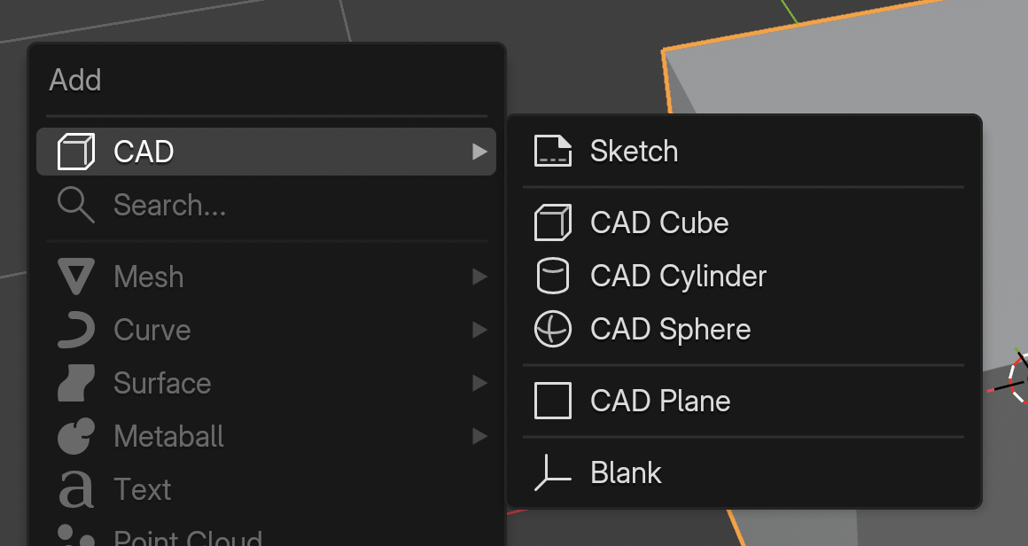 The Blender Add menu with the CAD submenu open, listing Sketch, CAD Cube, CAD Cylinder, CAD Sphere, CAD Plane and Blank