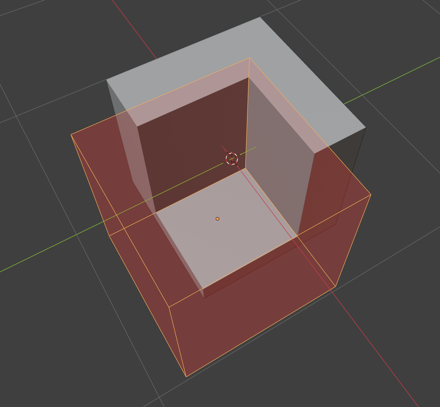 A block with a second block, shown in red, overlapping one corner, ready to be subtracted from it