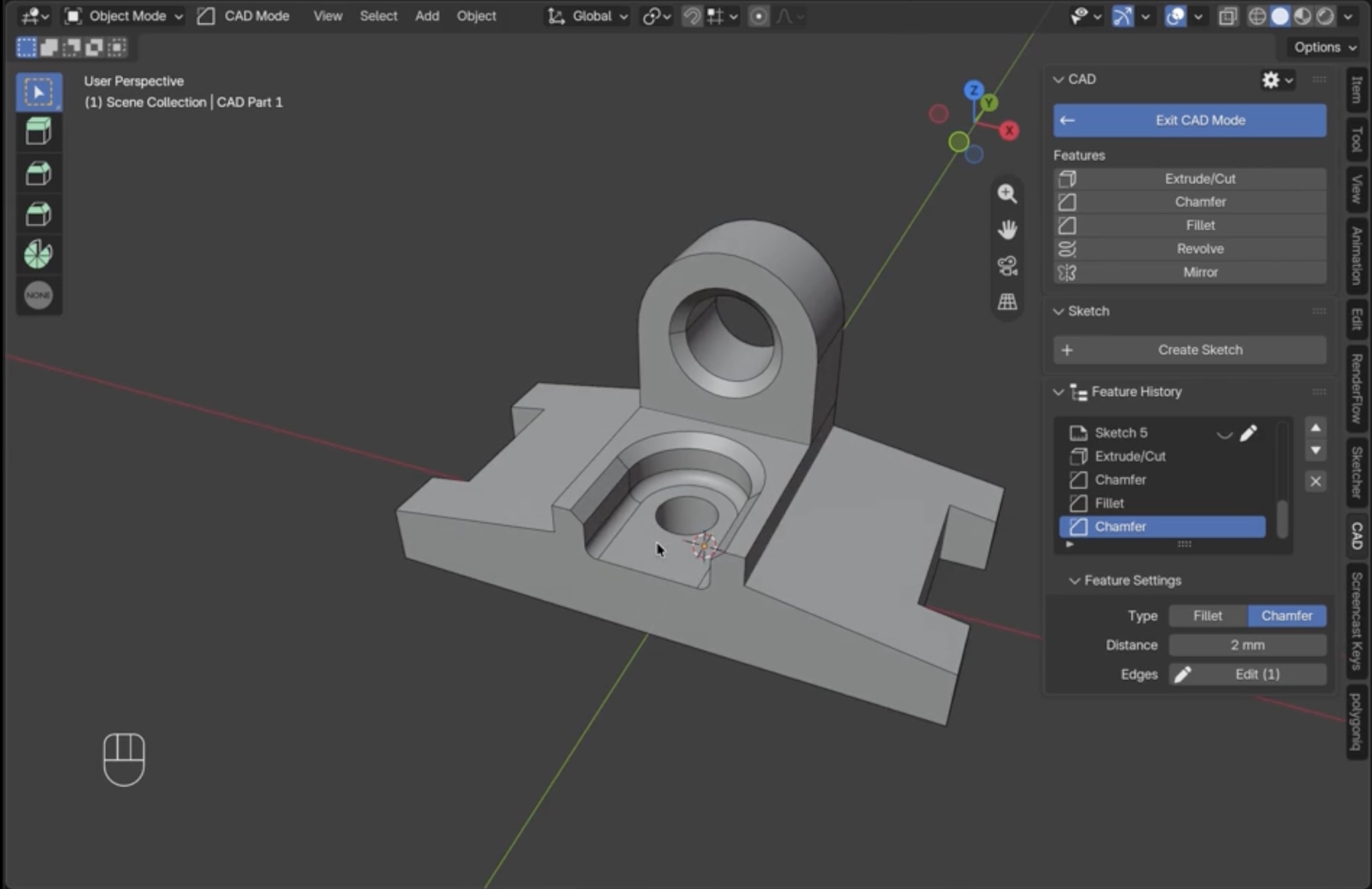 A part in CAD Mode with the Feature History panel
