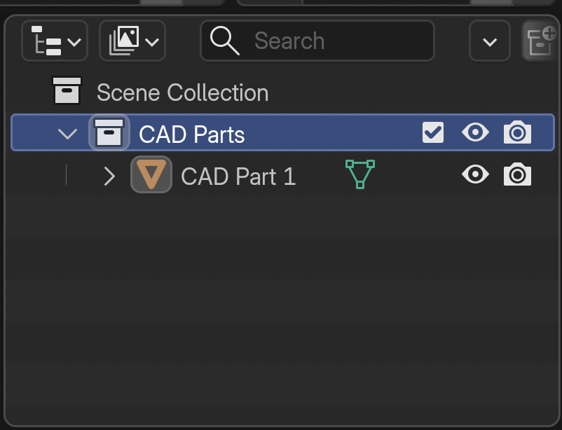 The Blender Outliner showing a CAD Parts collection under Scene Collection, containing CAD Part 1