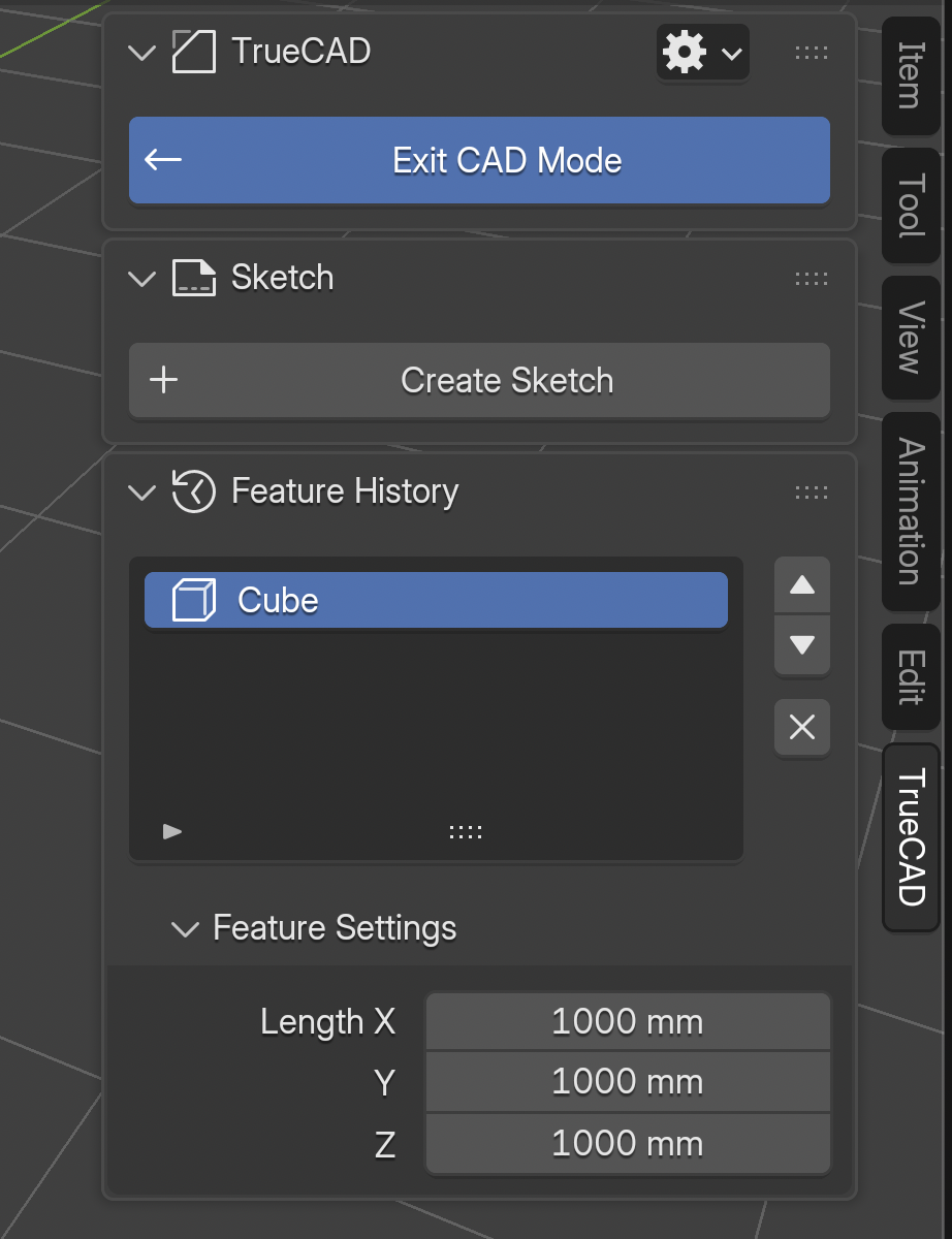 The TrueCAD sidebar tab in CAD Mode, showing the Sketch panel, the Feature History list with a Cube and the Feature Settings for its dimensions