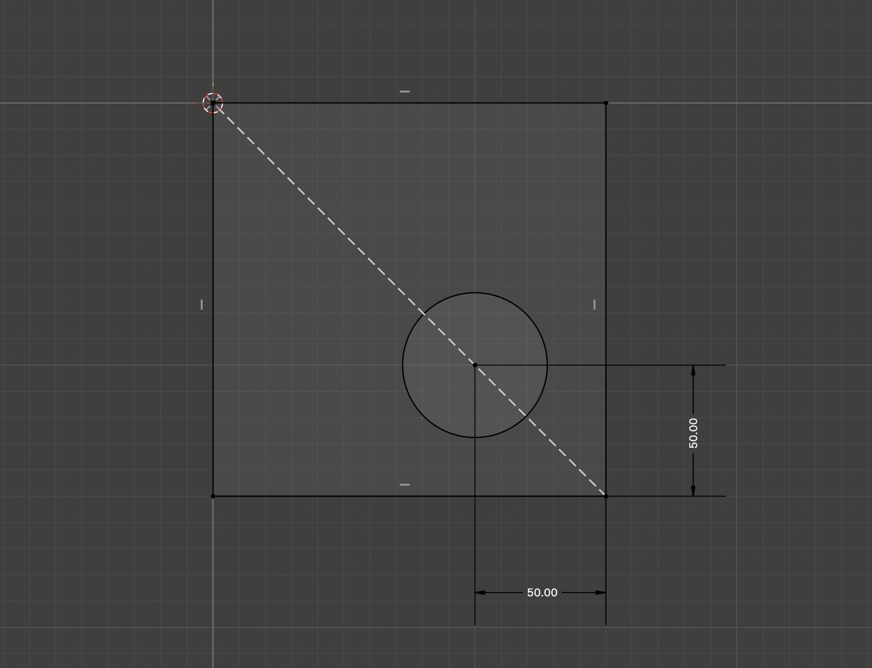 A square sketch with a dashed construction line running along its diagonal, and a circle whose center sits on that line