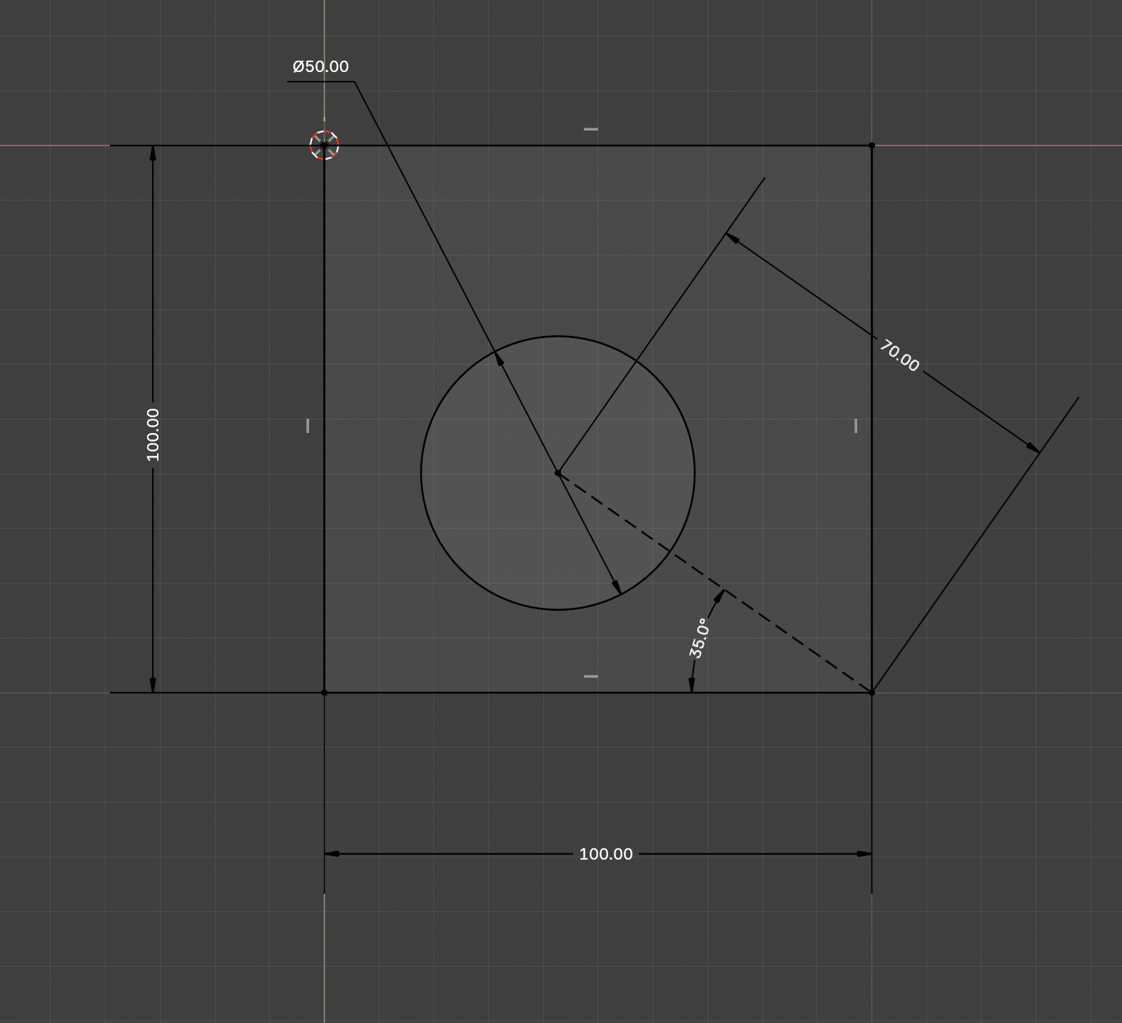 A square sketch with a circle, dimensioned with a 100.00 width, a 100.00 height, a 50.00 circle diameter, a 70.00 distance between points and a 35 degree angle
