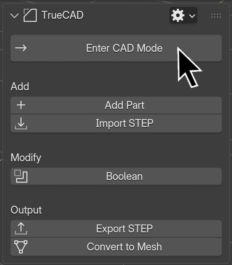 The TrueCAD panel outside CAD Mode with the cursor on the Enter CAD Mode button