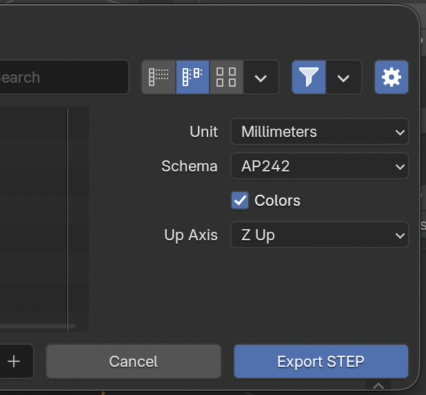 The Export STEP file browser with the Unit, Schema, Colors and Up Axis options, and the Cancel and Export STEP buttons