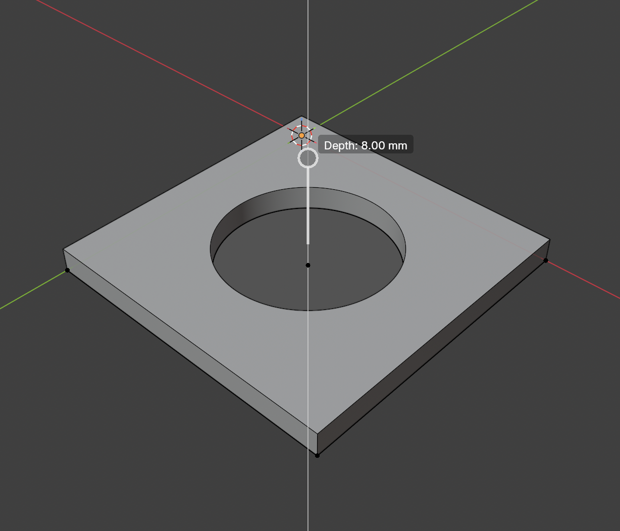 A square plate with a circular hole cut through it, with the Depth: 8.00 mm label and drag handle above the hole