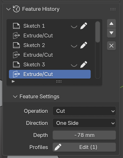 The Feature History panel listing Sketch 1, Extrude/Cut, Sketch 2, Extrude/Cut, Sketch 3 and a selected Extrude/Cut, with its Feature Settings below showing Operation, Direction, Depth and Profiles