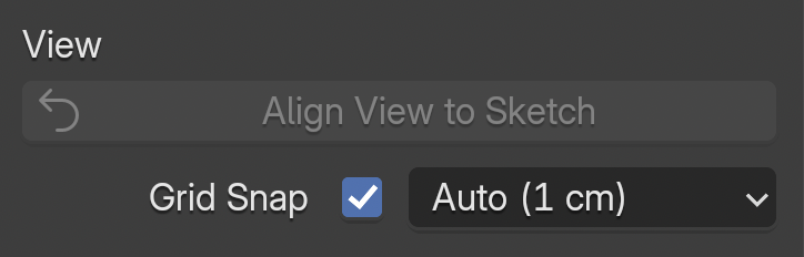 The View section of the Sketch panel with the Grid Snap checkbox ticked and its distance set to Auto (1 cm)