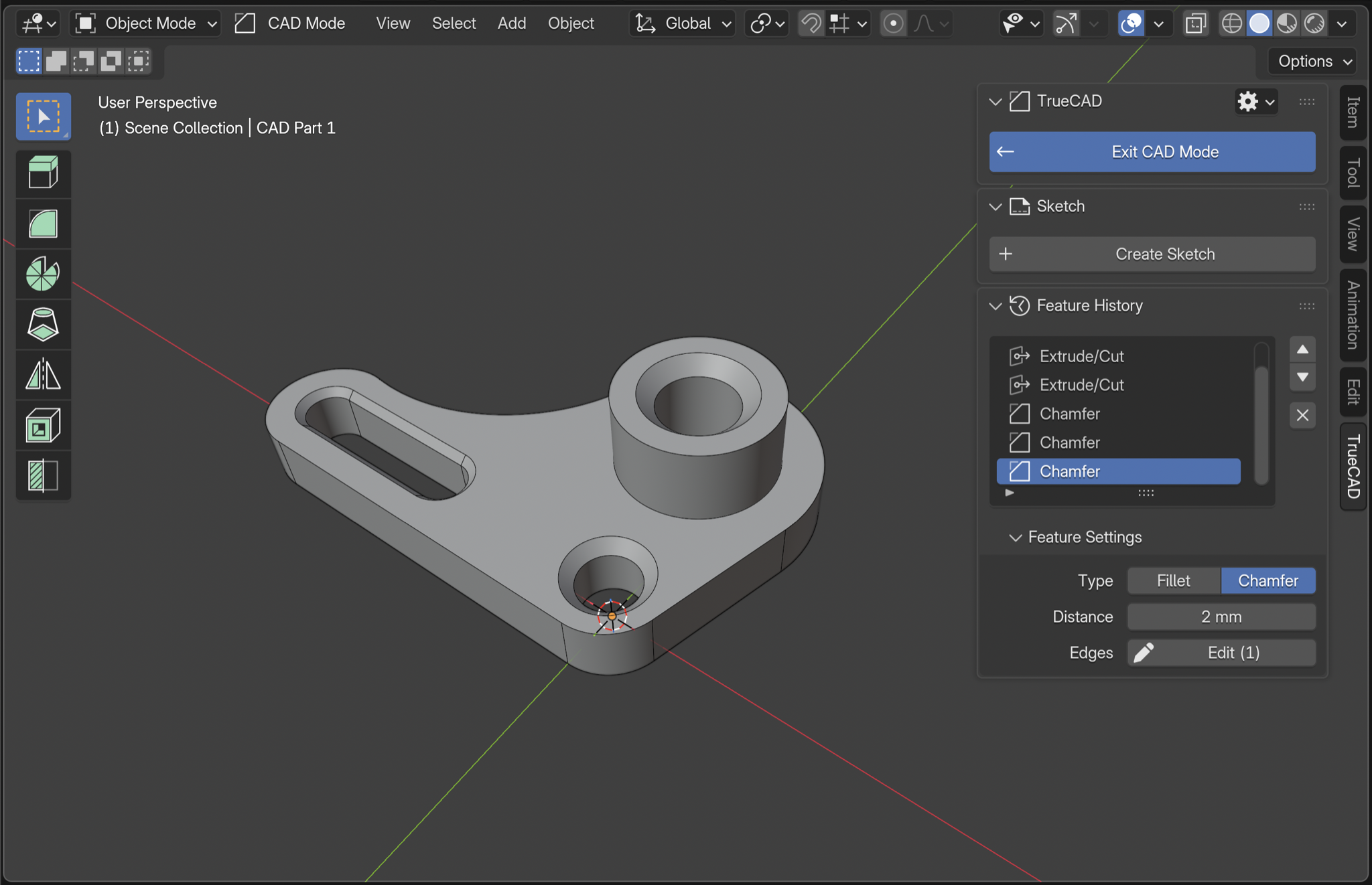 TrueCAD in Blender: a CAD part with the Feature History panel open