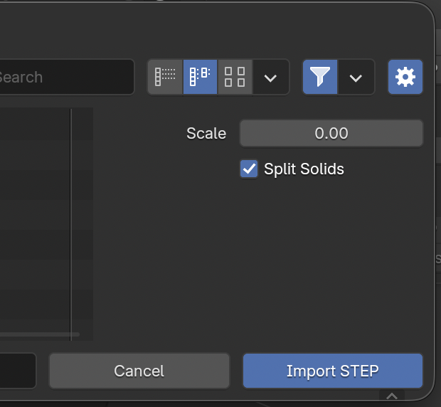 The Import STEP file browser with the Scale field, the Split Solids checkbox, and the Cancel and Import STEP buttons