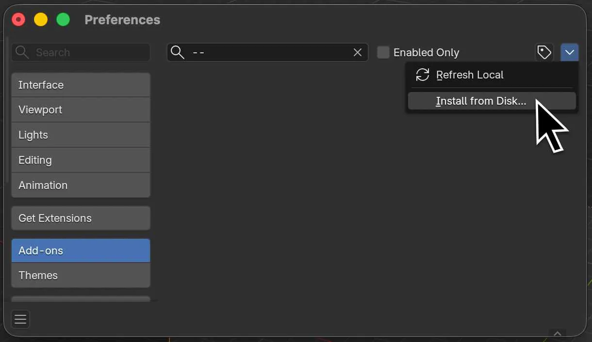 Blender Preferences, Add-ons tab, with Install from Disk in the dropdown menu