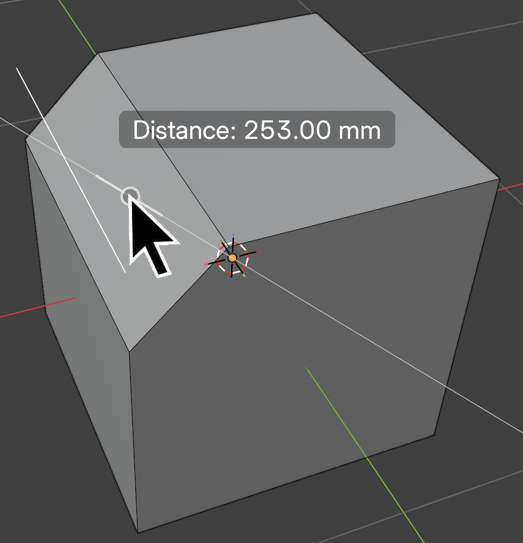 A cube with a chamfer being dragged on one corner edge, with the circle handle under the cursor and the live distance readout