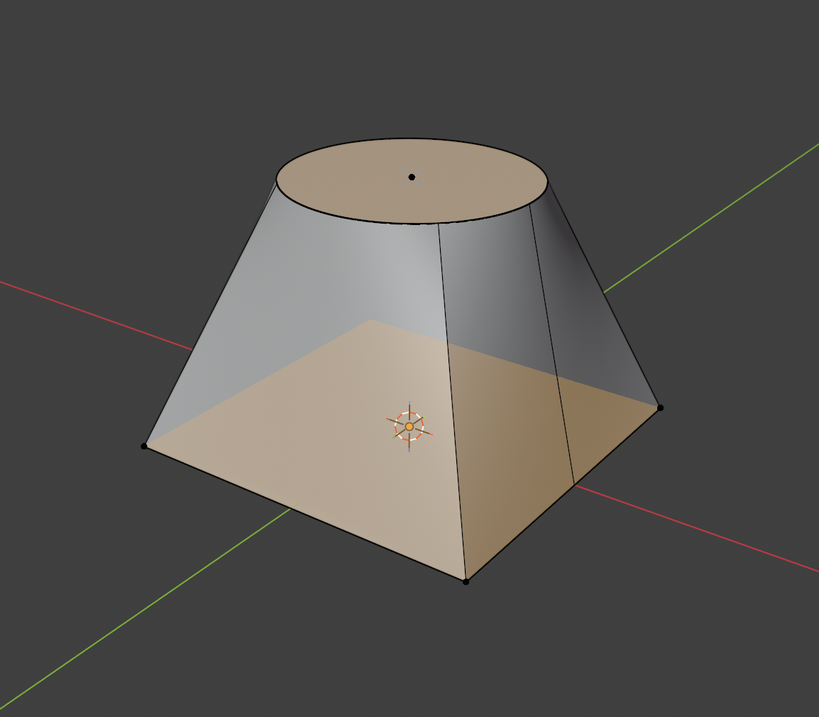 A loft between a square sketch area at the bottom and a circular sketch area above it, forming a solid that blends from square to round