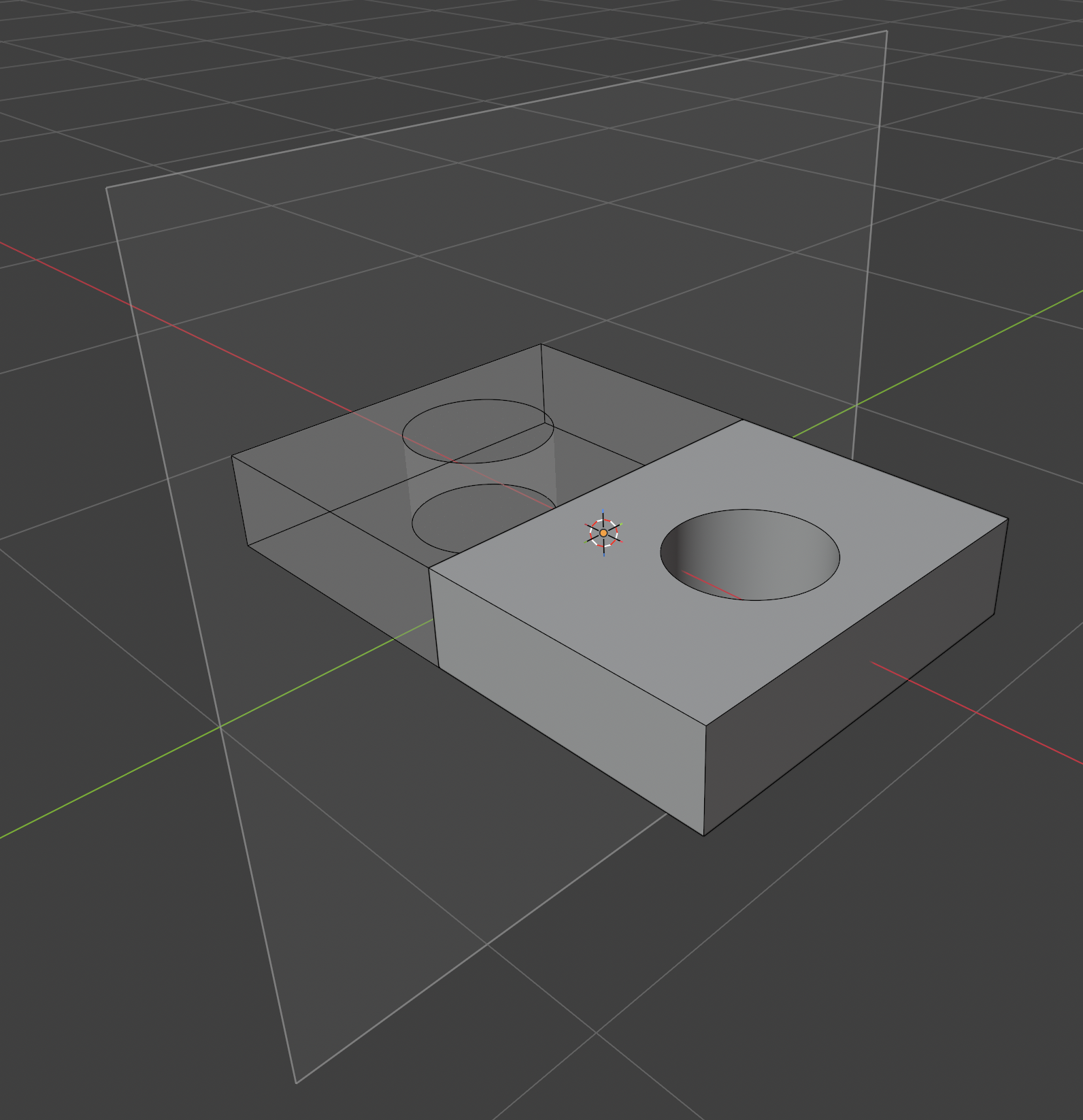 A block with a circular hole, mirrored across a vertical plane, with the mirrored copy shown as a transparent ghost on the other side of the plane
