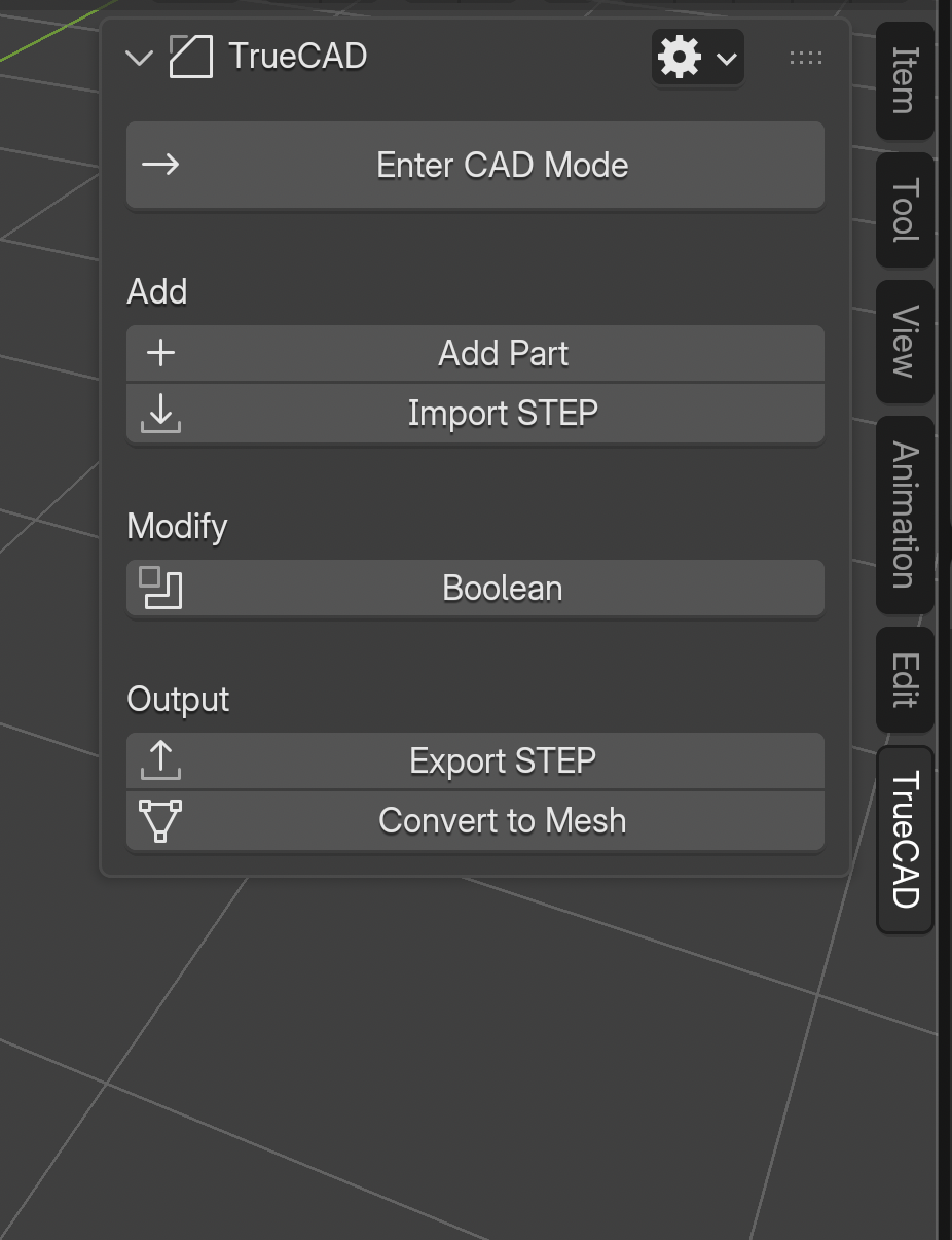 The TrueCAD sidebar tab outside CAD Mode, with Enter CAD Mode, Add Part, Import STEP, Boolean, Export STEP and Convert to Mesh