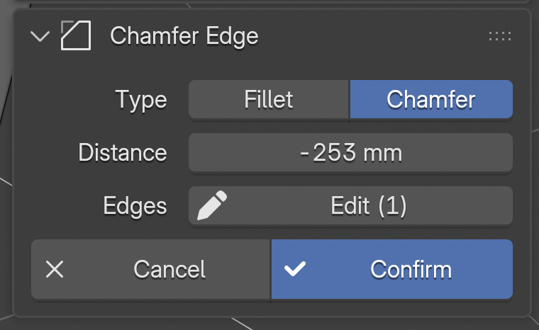 The Chamfer Edge panel in the sidebar, with Fillet and Chamfer buttons, a Distance value, an Edges button and Cancel and Confirm buttons