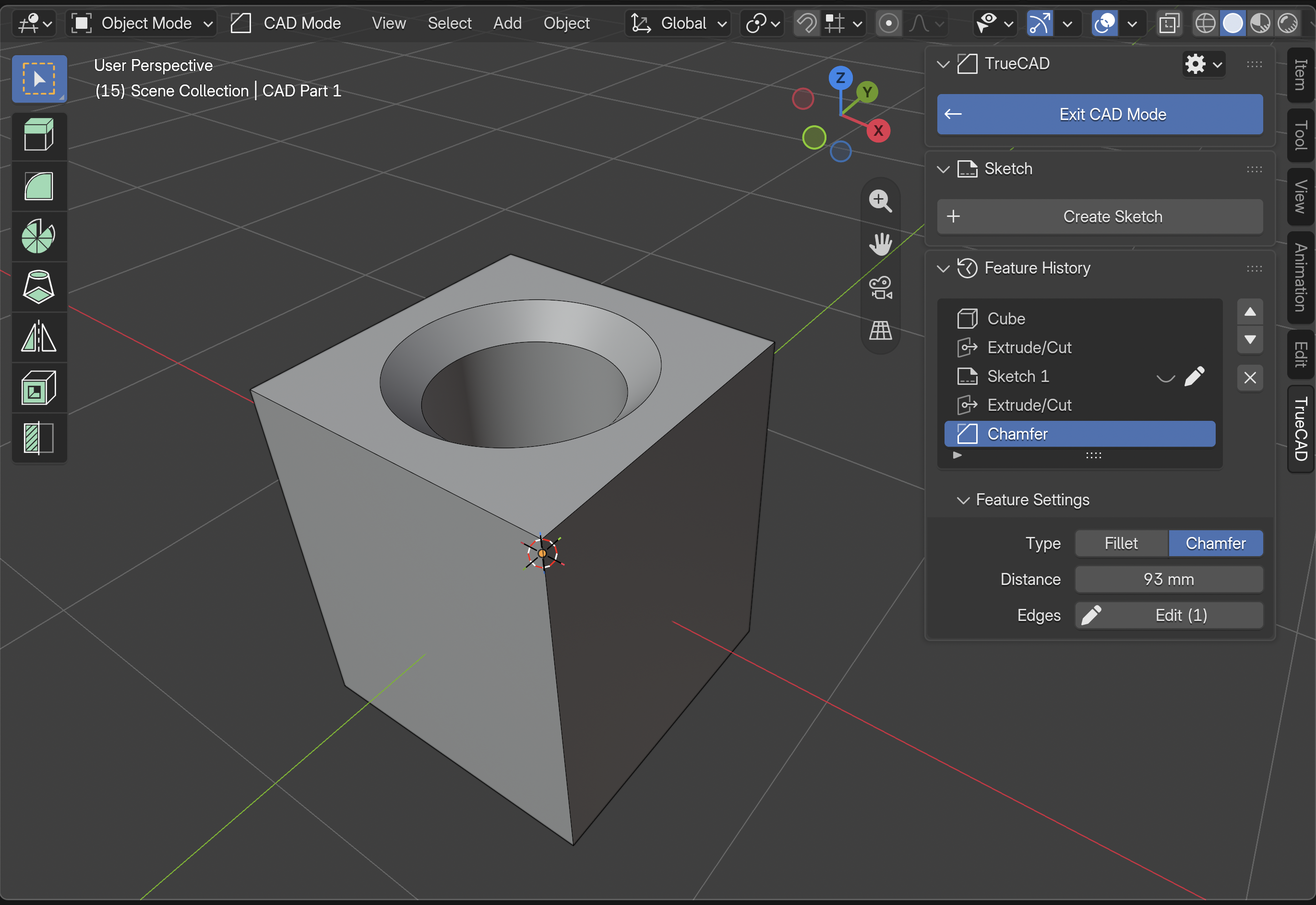 The finished bracket in CAD Mode: a cube with a countersunk hole and a chamfered edge, with the Feature History panel listing Cube, Extrude/Cut, Sketch, Extrude/Cut and Chamfer
