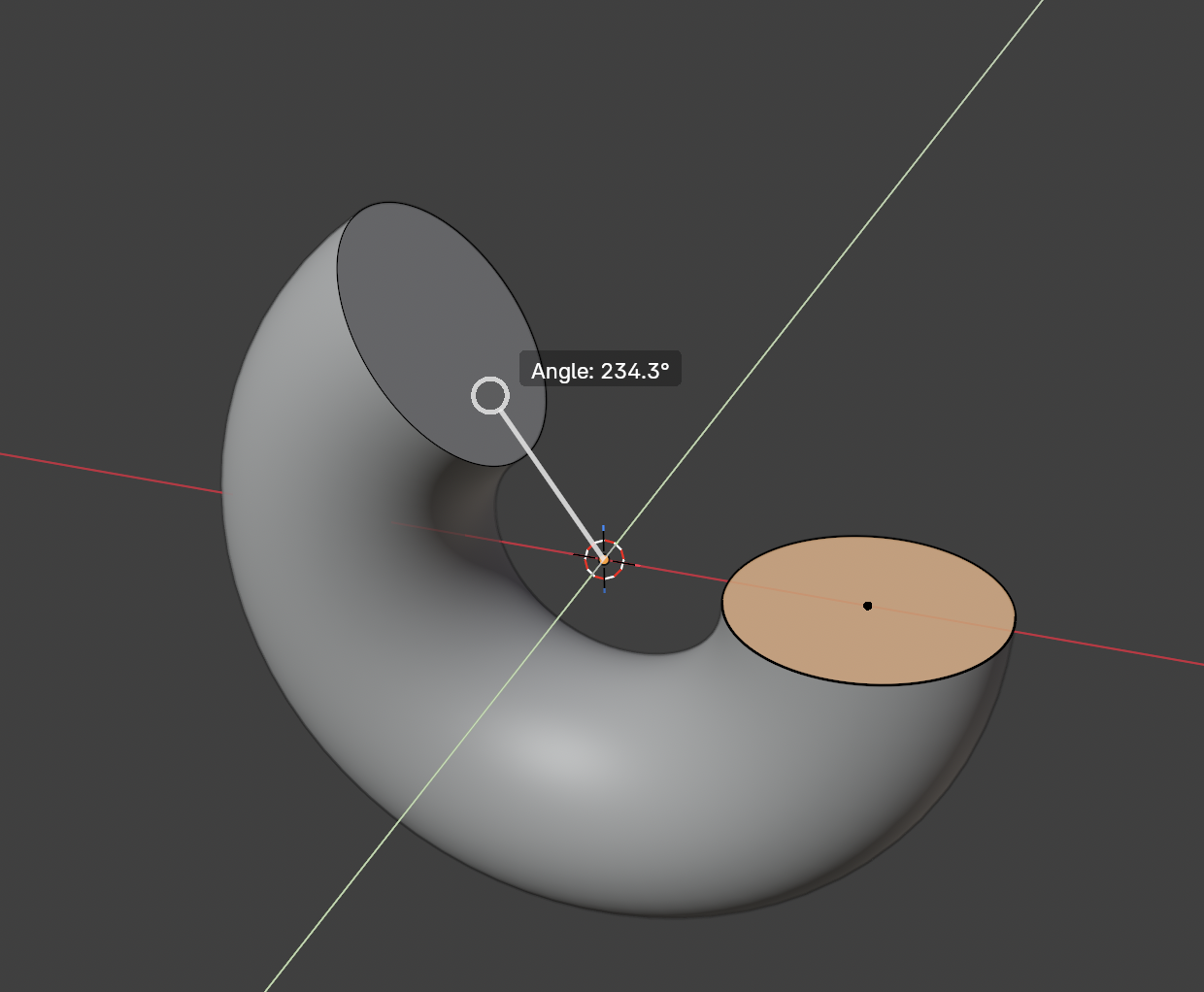 A circular sketch area revolved around an axis into a curved, horn-shaped solid, with the Angle: 234.3 degrees label and drag handle