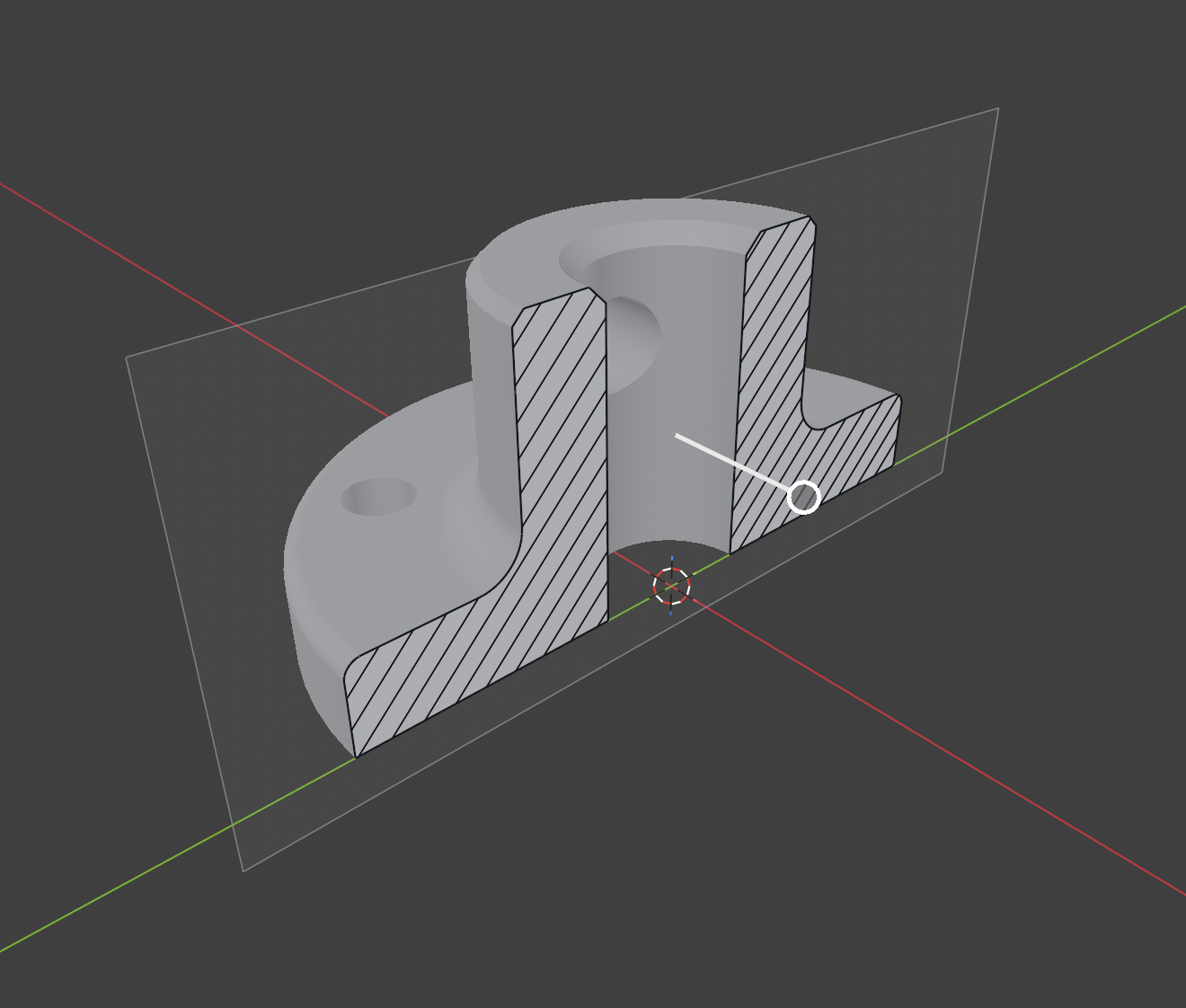 A flanged part with a bore, sliced by a section plane, with the cut faces shown with diagonal hatching and a drag handle on the plane