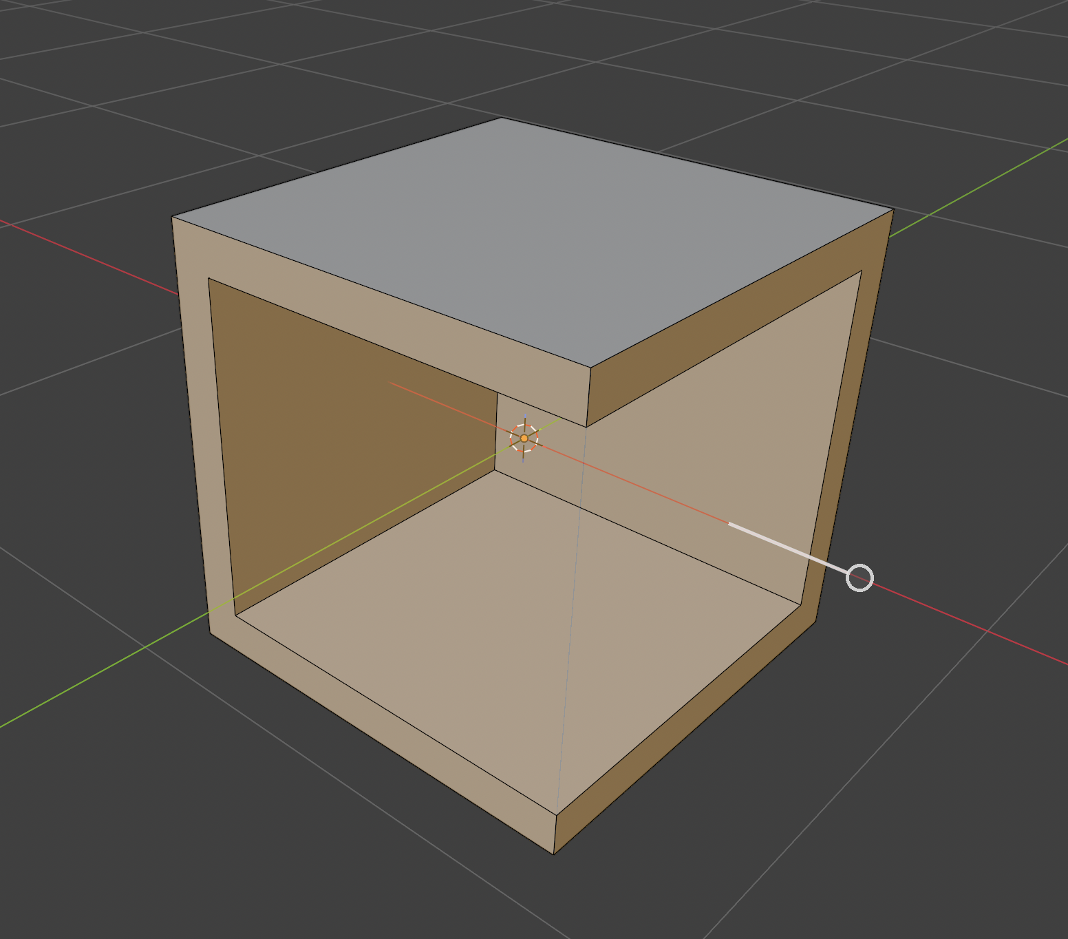 A cube hollowed out with a shell, with two side faces removed so the inside is visible, and the drag handle for the wall thickness