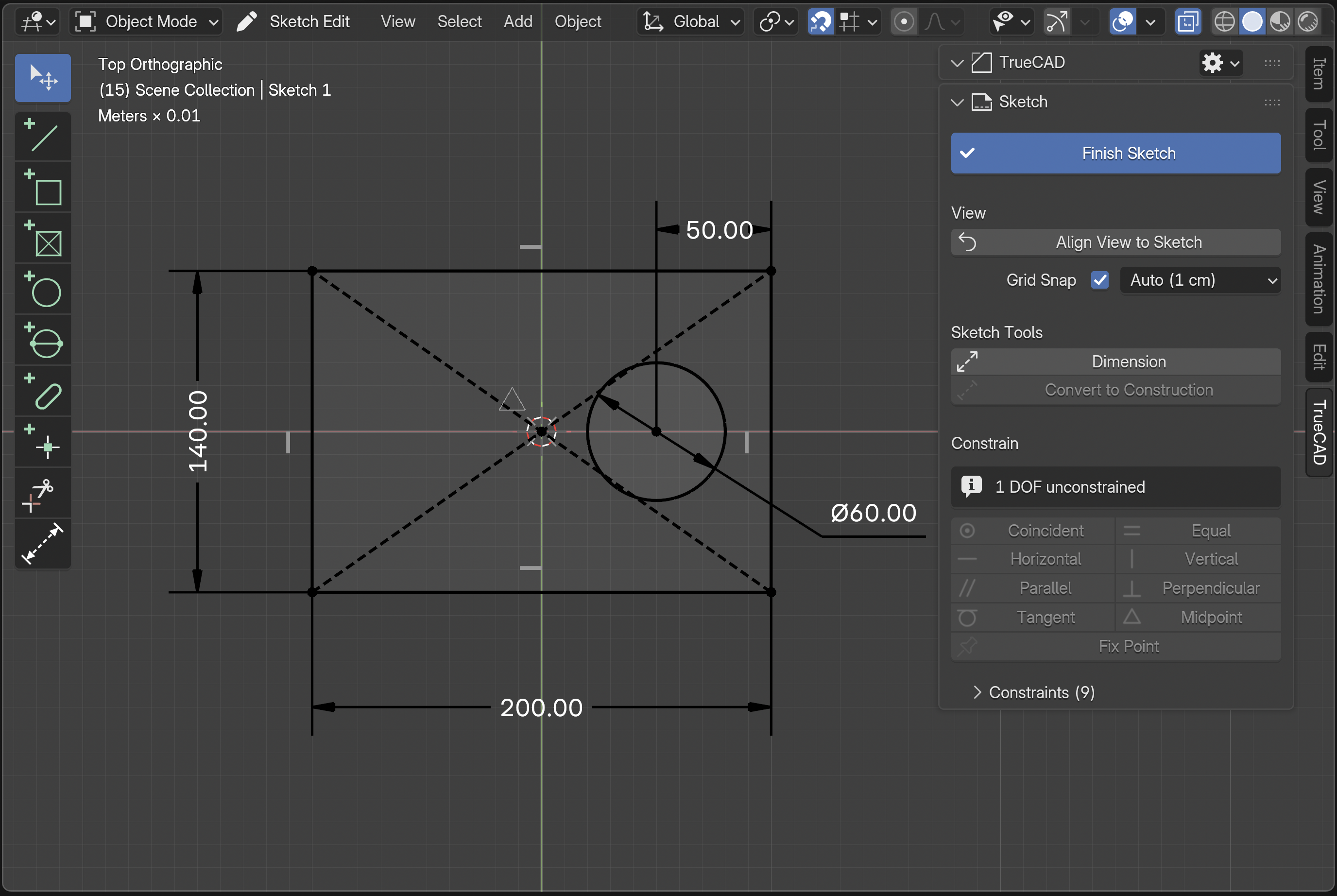 A sketch in Sketch Edit mode: a dimensioned rectangle with diagonals and a circle, the sketch tools on the left and the Sketch panel with the Constrain buttons on the right