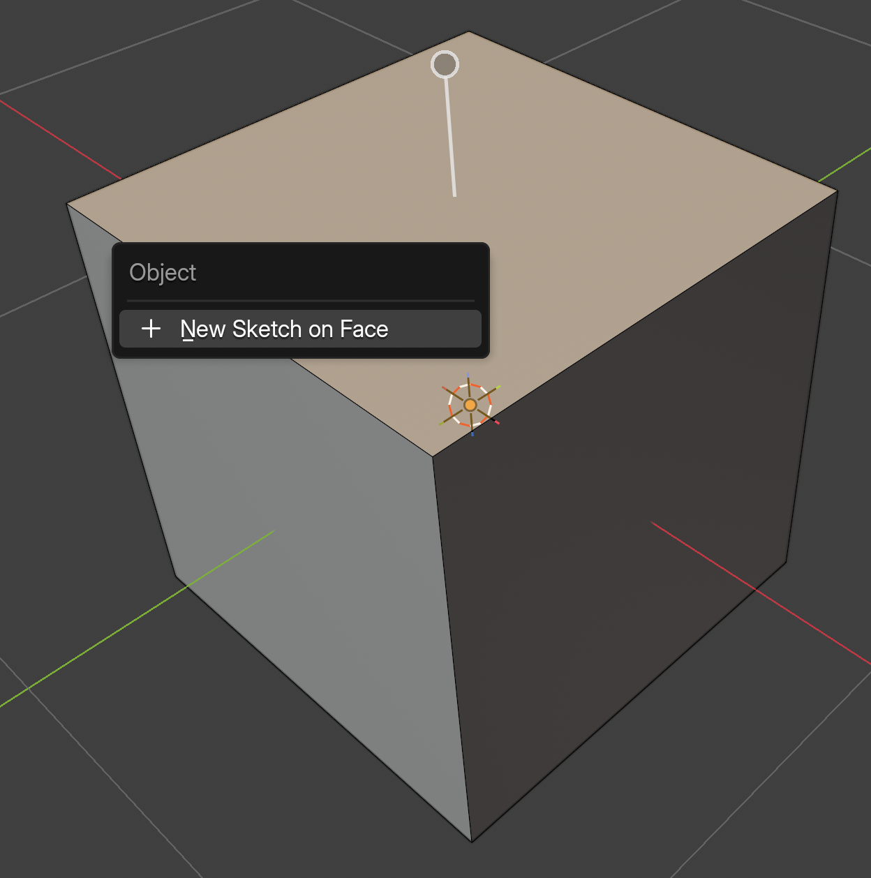A selected top face of a cube with the right-click menu showing New Sketch on Face