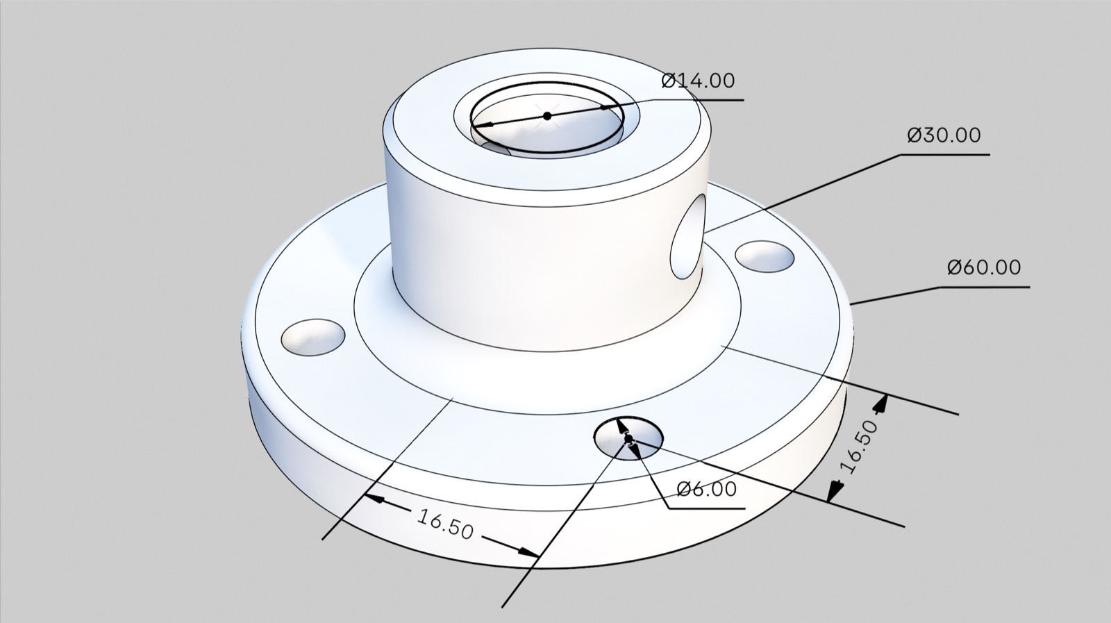 The same part as a TrueCAD solid, with smooth round surfaces and dimensions