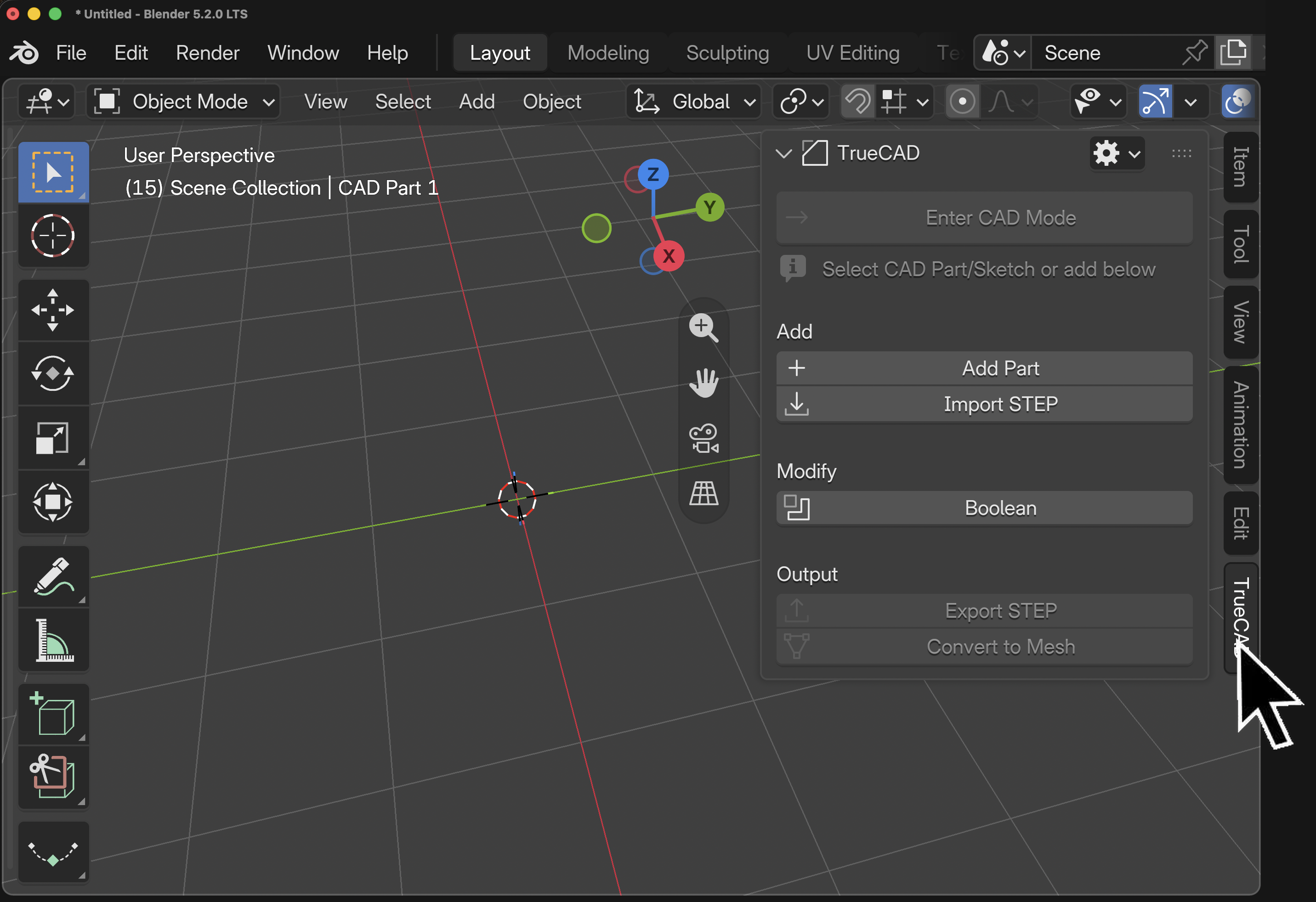 The TrueCAD tab in the 3D viewport sidebar, with the TrueCAD panel open